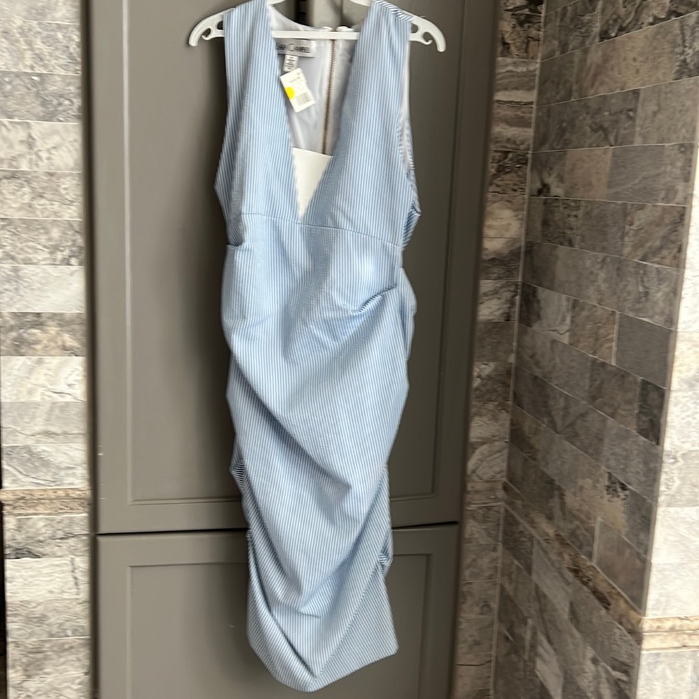 Sara Campbell Light Blue and White Striped Midi Dress